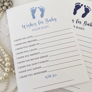 Printed Boy Dear Baby Cards, Boy Baby Shower Wishes for Baby Cards, Baby Boy Blue Footprints Shower Wish Cards