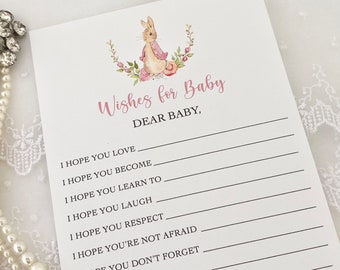 Printed Flopsy Bunny Rabbit Dear Baby Cards, Wishes for Baby Cards Game Activity Cards Fill in the Blanks Pink Girl Peter Rabbit