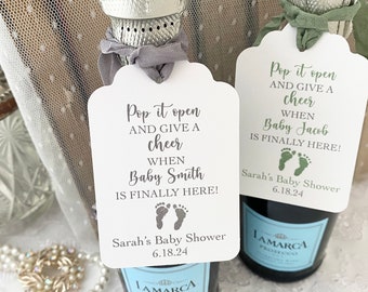 Baby Shower Champagne Tags, Baby Shower Wine Tags, Champagne Favor Tags, Pop it Open, Give a Cheer, Gender Neutral, Printed