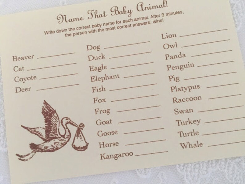 Baby Shower Games Name That Baby Animal Activity Cards Stork Set of 10