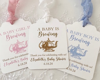 Baby Shower Tea Party Favor Tags, Tea Party Baby Shower Favor Tags, Printed A Baby is Brewing Tags, Gender Neutral Baby Tea Party Tags