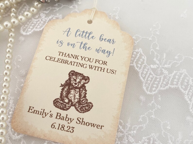 Printed Boy Teddy Bear Favor Tags, Handmade Bear Baby Shower Tags image 1