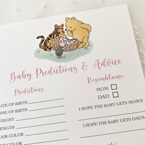 Printed Winnie the Pooh Baby Prediction Cards, Pooh Guessing Game Baby Shower Activity Cards, Girl Pink Classic Pooh Prediction Cards