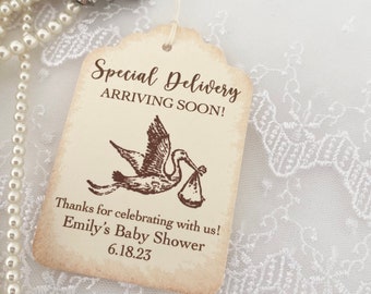 Gender Neutral Stork Baby Tags, Stork Baby Shower Favor Tags, Printed Vintage Style Baby Shower Tags