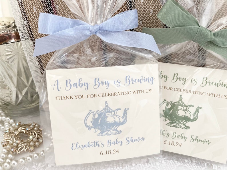 Baby Boy Shower Tea Party Favors, A Baby is Brewing Boy Tea Baby Shower Favor Gift Bags image 1