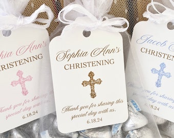 Personalized Christening Favor Gift Bags and Tags, Baptism Baby Dedication Favor Gift Bags for Guests, Thank You Cross Favors