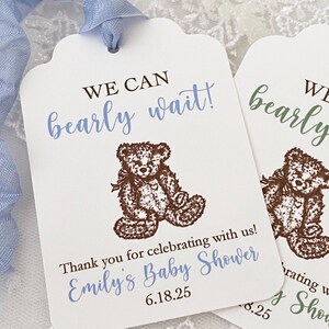 Printed Teddy Bear Baby Shower Tags for Boy, Bear Baby Shower Favor Gift Tags, We can Bearly Wait Tag, Blue Boy Personalized Bear Shower Tag
