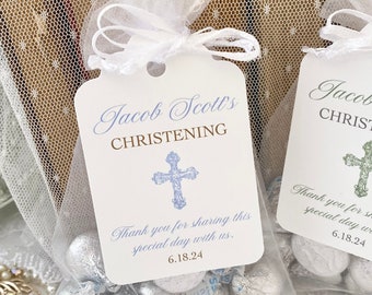 Personalized Christening Favor Gift Bags and Tags for Boys, Baptism Baby Dedication Favor Gift Bags for Guests, Thank You Cross Favors