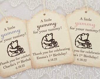 Birthday Winnie the Pooh Party Favor Tags, Winnie the Pooh First 1st Birthday Treat Tags Labels, Yummy for your Tummy Tags Printed