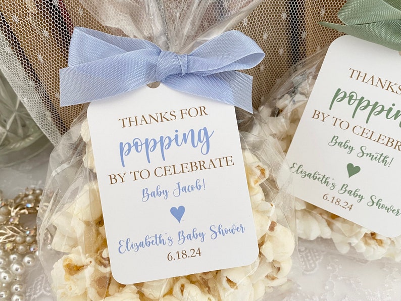 Baby Shower Popcorn Favor Gift Bags, Thanks for Popping Poppin' By Baby Shower Favors, Personalized Popcorn Bags and Tags Boy or Girl image 3