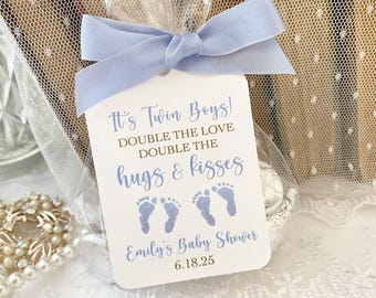 Printed Twin Boy Favor Candy Bags, Twin Boy Baby Shower Favor Bags, Double the Love, Double the Hugs and Kisses Favor Bags for Baby Shower