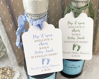 Baby Shower Wine Tags, Baby Shower Champagne Tags, Pop it Open Tags, Give a Cheer Tags, Boy Champagne Tags, Boy Wine Tags, Printed