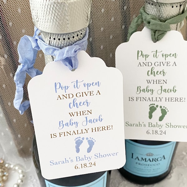 Baby Shower Wine Tags, Baby Shower Champagne Tags, Pop it Open Tags, Give a Cheer Tags, Boy Champagne Tags, Boy Wine Tags, Printed