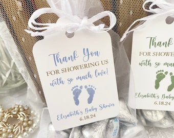 Printed Baby Shower Thank You Favor Bags and Tags For Boy Shower, Personalized Blue Thank You for Showering Us with Love Favor Bags