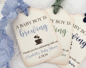 PRINTED A Baby is Brewing Coffee Bean Favor Gift Tags for Baby Boy Shower, Personalized Boy Baby Shower Thank You Tag, Coffee Lovers