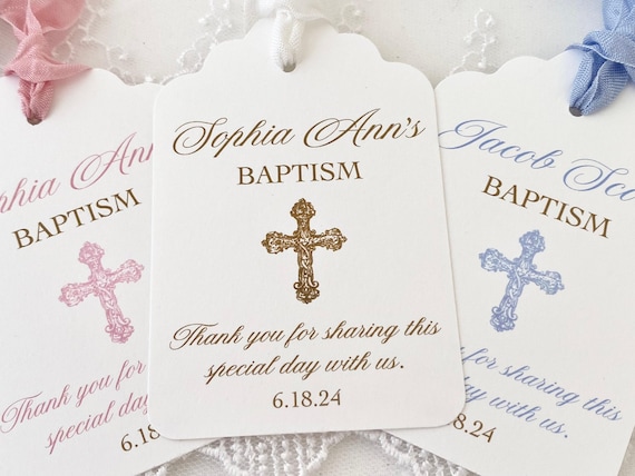 Printed Personalized Baptism Favor Gift Tags, Christening Baptism Cross Thank You Tags