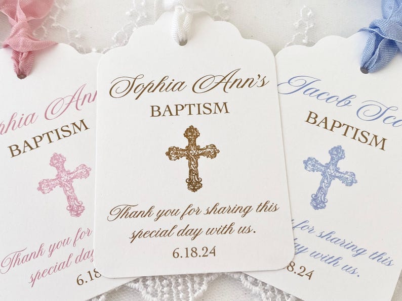 Printed Personalized Baptism Favor Gift Tags, Christening Baptism Cross Thank You Tags Bild 1