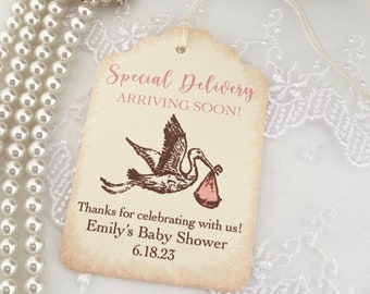 Pink Girl Stork Baby Shower Tags, Vintage Style Stork Favor Labels