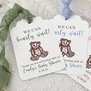 Printed Teddy Bear Baby Shower Tags, Bear Baby Shower Favor Gift Tags, We can Bearly Wait Tags, Gender Neutral Personalized Bear Shower Tag