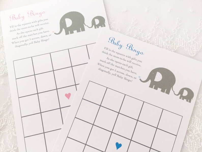 Elephant Bingo Cards Baby Shower Bingo Game Cards Set of 10