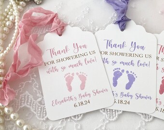Personalized Baby Shower Favor Tags, Girl Footprints, Thank You Tags