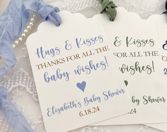 PRINTED Hugs and Kisses Baby Wishes Favor Gift Tags for Boy Baby Shower, Personalized Baby Boy Thank You Tags for Hershey Kisses