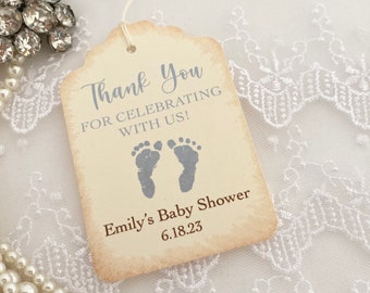 Printed Baby Boy Shower Favor Tags, Blue Footprint Thank You Favor Labels