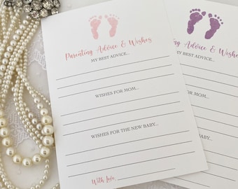 Printed Baby Girl Parenting Advice Cards, Girl Shower Advice Cards for Mom and Dad, Pink Footprints Wishes Cards