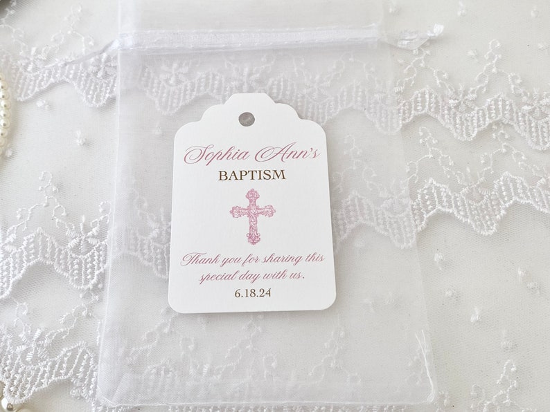 Personalized Baptism Favor Gift Bags and Tags for Girls, Christening Baby Dedication Cross Gift Bags for Guests, Thank You Cross Favors image 4