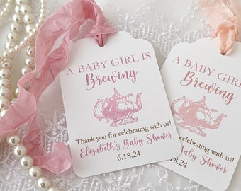 Girl Baby Shower Tea Party Favor Tags, Girl Tea Party Baby Shower Favor Tags, Printed A Baby Girl is Brewing Tags