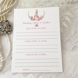 Printed Flopsy Bunny Rabbit Parenting Advice Cards, Printed Pink Peter Rabbit Baby Shower Advice Cards, Beatrix Potter Baby Shower Cards