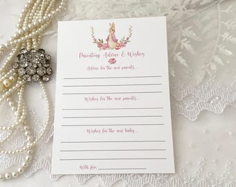 Printed Flopsy Bunny Rabbit Parenting Advice Cards, Printed Pink Peter Rabbit Baby Shower Advice Cards, Beatrix Potter Baby Shower Cards