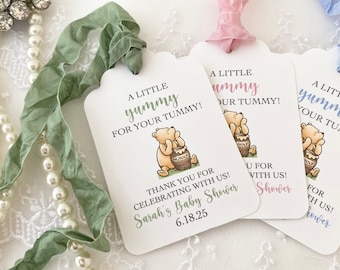 Printed A Little Yummy for your Tummy Favor Gift Tags, Classic Winnie the Pooh Tags Labels for Honey Cookie Candy Baby Shower Favors