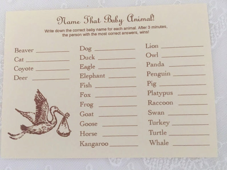 Baby Shower Games Name That Baby Animal Activity Cards Stork Set of 10