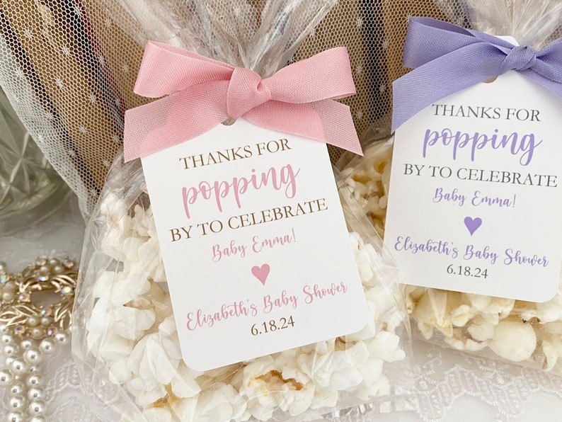 Baby Shower Popcorn Favor Gift Bags, Thanks for Popping Poppin' By Baby Shower Favors, Personalized Popcorn Bags and Tags Boy or Girl image 4