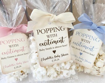 Baby Shower Popcorn Favor Bags, Personalized Tags