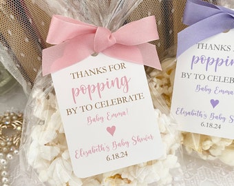 Girl Baby Shower Popcorn Favor Gift Bags, Thanks for Popping Poppin' By Baby Girl Shower Favors, Personalized Popcorn Bags and Tags for Girl