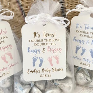 Twin baby shower favor bags, personalized hugs and kisses candy pouches for boys, printed double the love custom gifts image 1