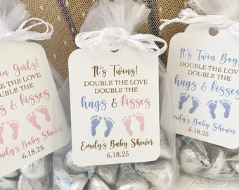 Twin baby shower favor bags, personalized hugs and kisses candy pouches for boys, printed double the love custom gifts