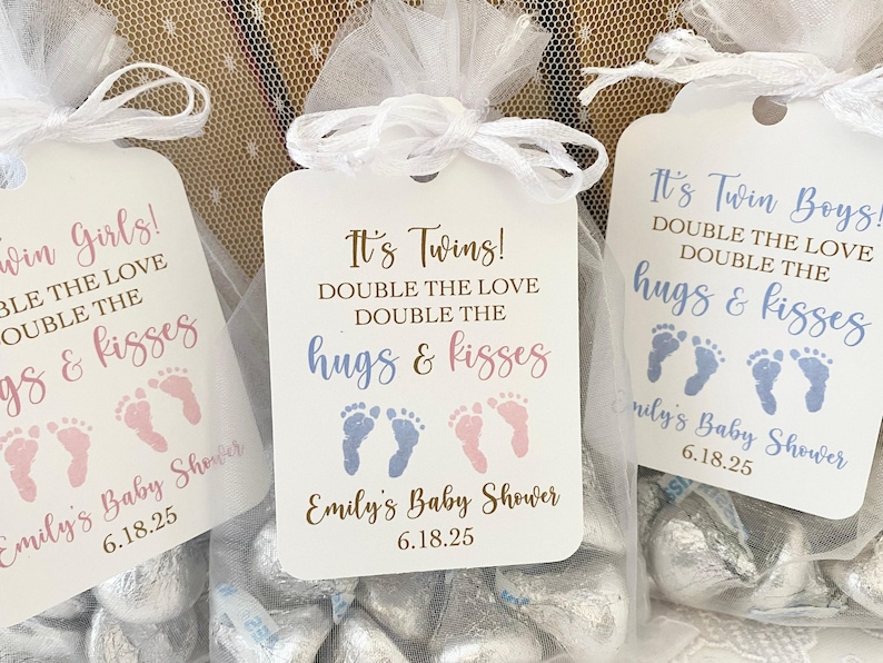 Twin baby shower favor bags, personalized hugs and kisses candy pouches for boys, printed double the love custom gifts image 1