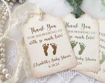 Printed Baby Gender Neutral Shower Favor Tags, Thank You for Showering Us with Love, Personalized Custom Baby Shower Tags for Boy or Girl