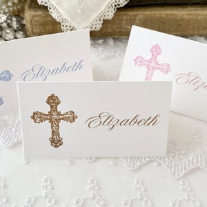 Printed Personalized Cross Place Cards for Christening, Baptism, First Holy Communion, Folded Tented Cross Place Cards, Food Buffet Labels