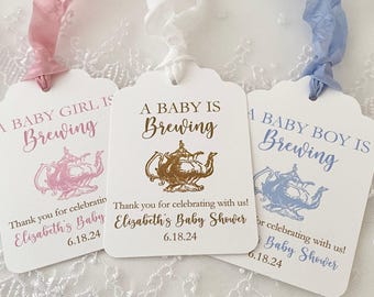 Baby Shower Tea Party Favor Tags, Tea Party Baby Shower Favor Tags, Printed A Baby is Brewing Tags, Gender Neutral Baby Tea Party Tags