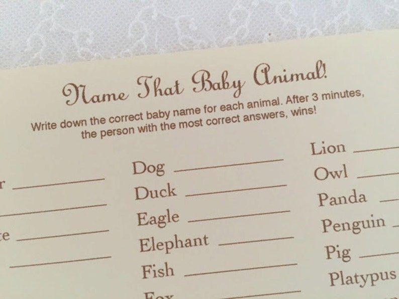 Baby Shower Games Name That Baby Animal Activity Cards Stork Set of 10