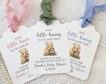 Our little hunny is on the way Winnie the Pooh baby shower favor tags, personalized classic bear honey jar labels, printed cookie candy gift