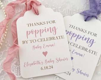 PRINTED Popcorn Thanks for Popping Poppin' By Favor Gift Tags for Girl Baby Shower, Personalized Baby Girl Popcorn Tags