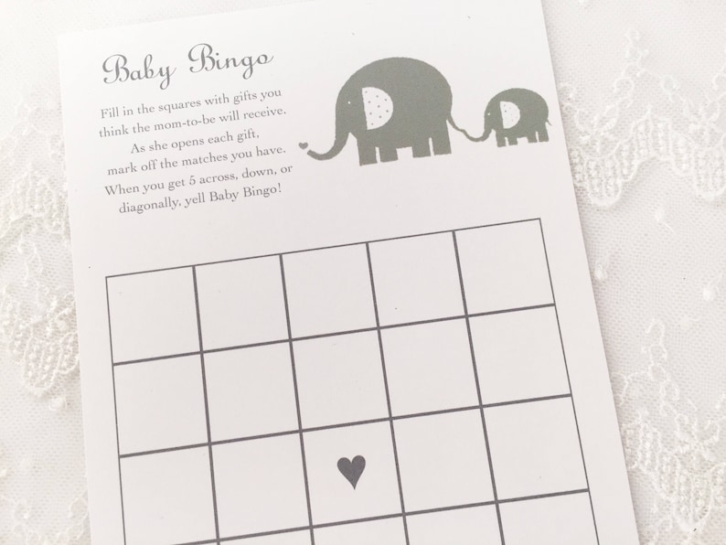 Elephant Bingo Cards Baby Shower Bingo Game Cards Set of 10