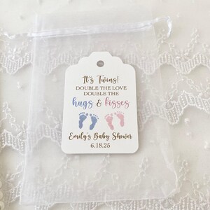 Twin baby shower favor bags, personalized hugs and kisses candy pouches for boys, printed double the love custom gifts image 3