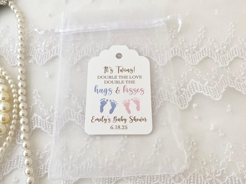 Twin baby shower favor bags, personalized hugs and kisses candy pouches for boys, printed double the love custom gifts image 3