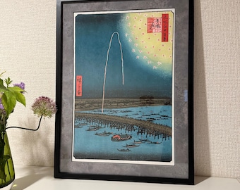 Framed Ukiyo-e Woodblock Print - Ryogoku Fireworks by Hiroshige | Reproduction | Hand-Printed in Japan